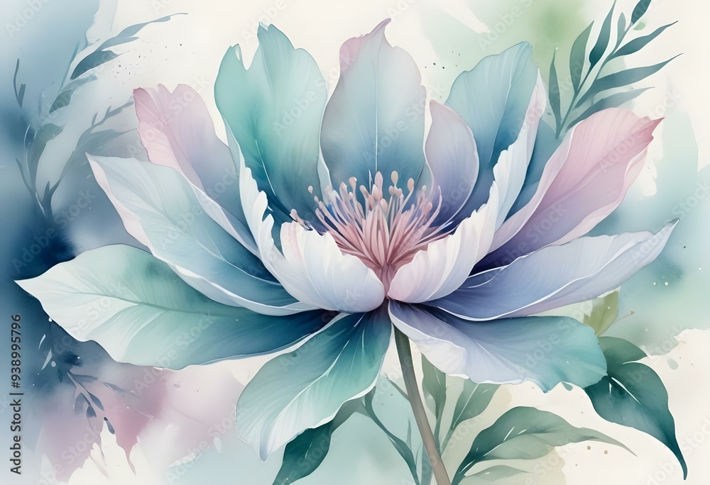Abstract image of a flower in soft pastel colors, flowing, translucent petals with a blend of light pink, blue, and lavender hues, white background, centered composition Abstract image of a flower in soft pastel colors, flowing, translucent petals with a blend of light pink, blue, and lavender hues, white background, centered composition