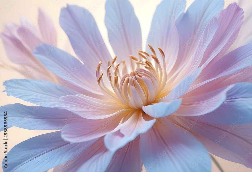Abstract image of a flower in soft pastel colors, flowing, translucent petals with a blend of light pink, blue, and lavender hues, white background, centered composition