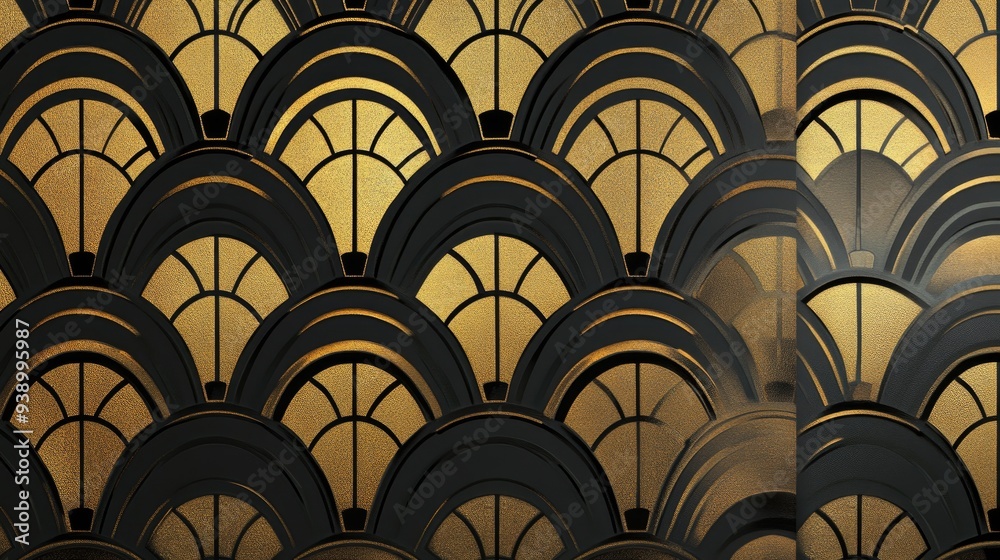 Art Deco-inspired wallpaper with bold, geometric patterns in black and gold, evoking the glamour of the Roaring Twenties. Art Deco-inspired wallpaper with bold, geometric patterns in black and gold, evoking the glamour of the Roaring Twenties.