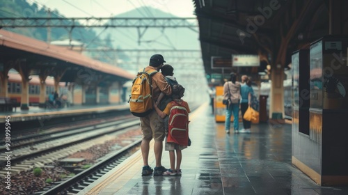 A father and his children in yellow rain gear wait on a rainy train platform. The scene is damp and quiet, with commuters around. photo