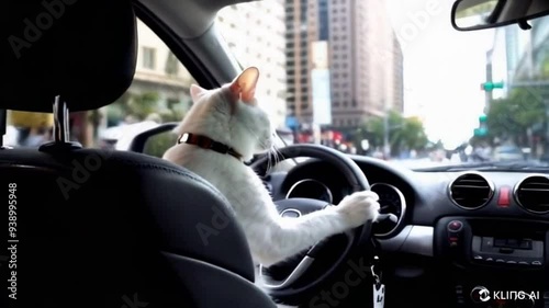 a white cat driving a car in city