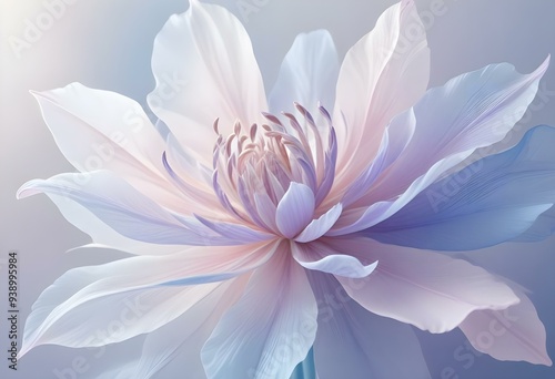 Abstract image of a flower in soft pastel colors, flowing, translucent petals with a blend of light pink, blue, and lavender hues, white background, centered composition
