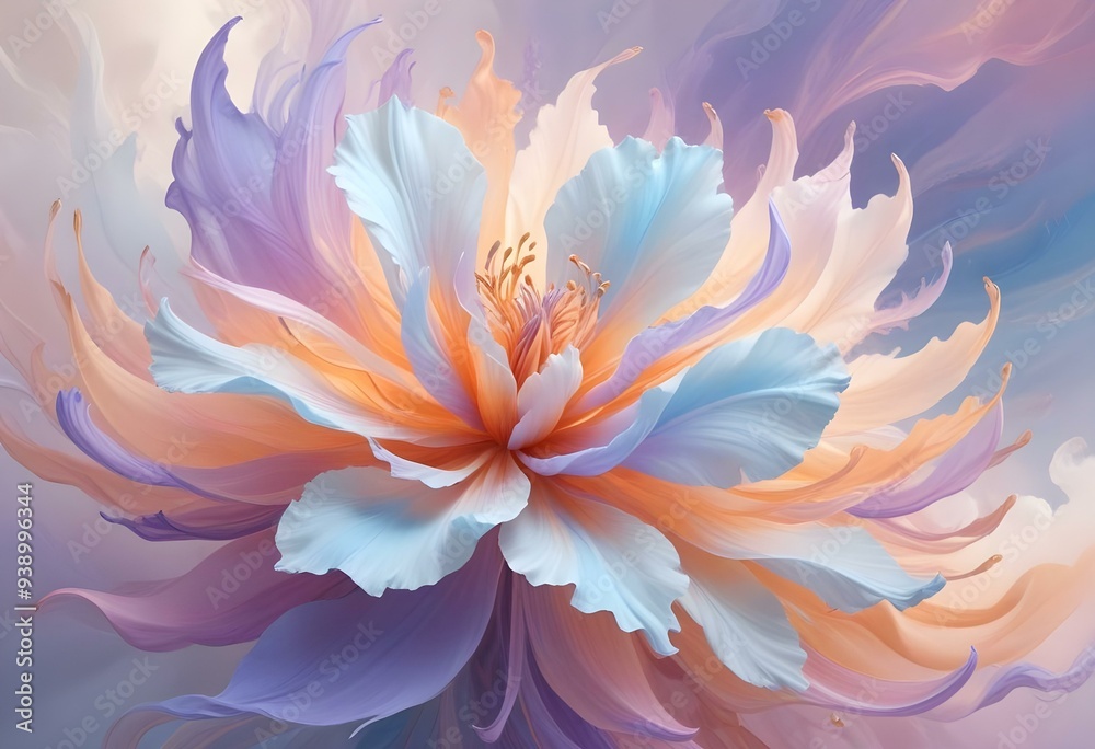 Abstract image of a flower in soft pastel colors, flowing, translucent petals with a blend of light pink, blue, and lavender hues, white background, centered composition Abstract image of a flower in soft pastel colors, flowing, translucent petals with a blend of light pink, blue, and lavender hues, white background, centered composition