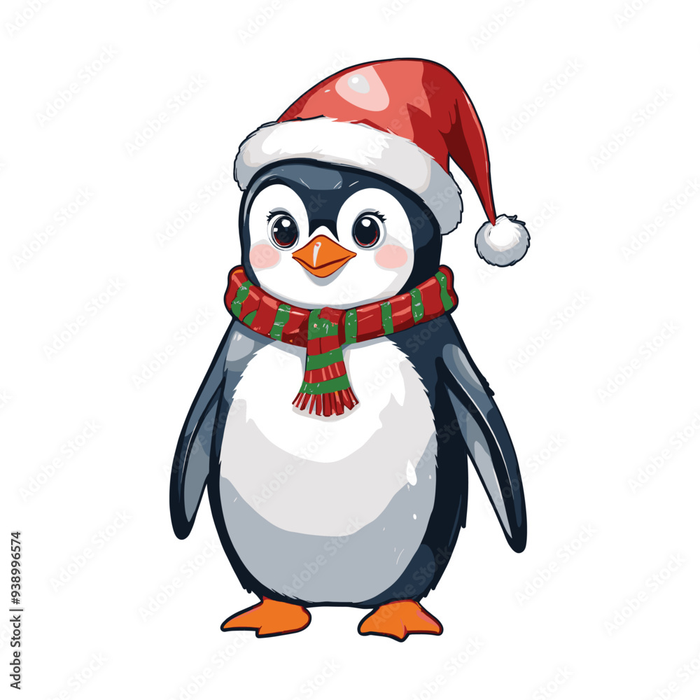 Fototapeta premium Adorable Penguin in Santa Hat and Green-Red Striped Scarf