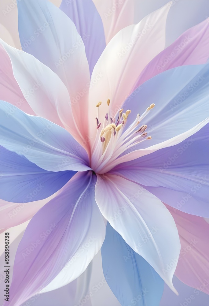 Abstract image of a flower in soft pastel colors, flowing, translucent petals with a blend of light pink, blue, and lavender hues, white background, centered composition Abstract image of a flower in soft pastel colors, flowing, translucent petals with a blend of light pink, blue, and lavender hues, white background, centered composition