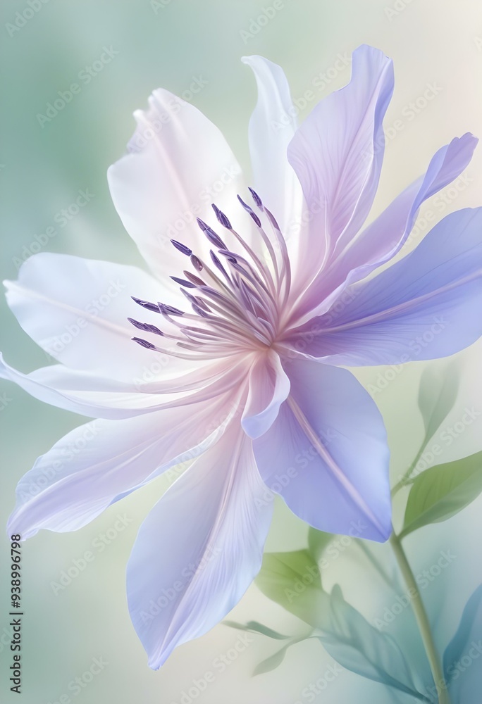 Abstract image of a flower in soft pastel colors, flowing, translucent petals with a blend of light pink, blue, and lavender hues, white background, centered composition