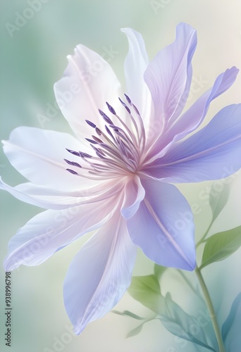 Abstract image of a flower in soft pastel colors, flowing, translucent petals with a blend of light pink, blue, and lavender hues, white background, centered composition