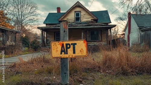 Auction sign in front of a foreclosed home, symbolizing financial distress. photo