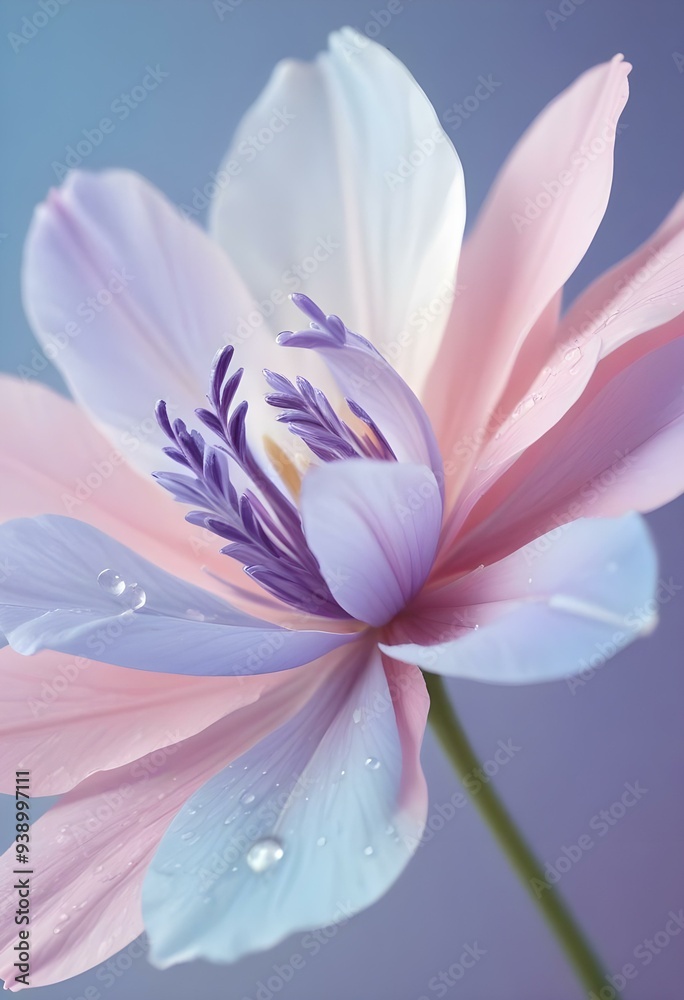 Abstract image of a flower in soft pastel colors, flowing, translucent petals with a blend of light pink, blue, and lavender hues, white background, centered composition Abstract image of a flower in soft pastel colors, flowing, translucent petals with a blend of light pink, blue, and lavender hues, white background, centered composition