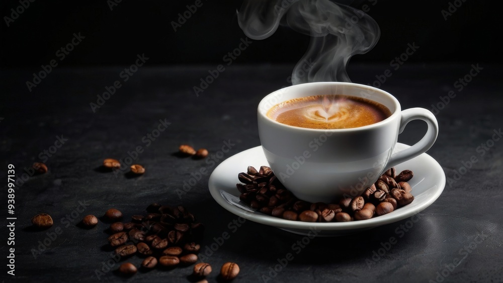 A cup of steaming aromatic hot coffee with coffee beans on the table on a black background A cup of steaming aromatic hot coffee with coffee beans on the table on a black background