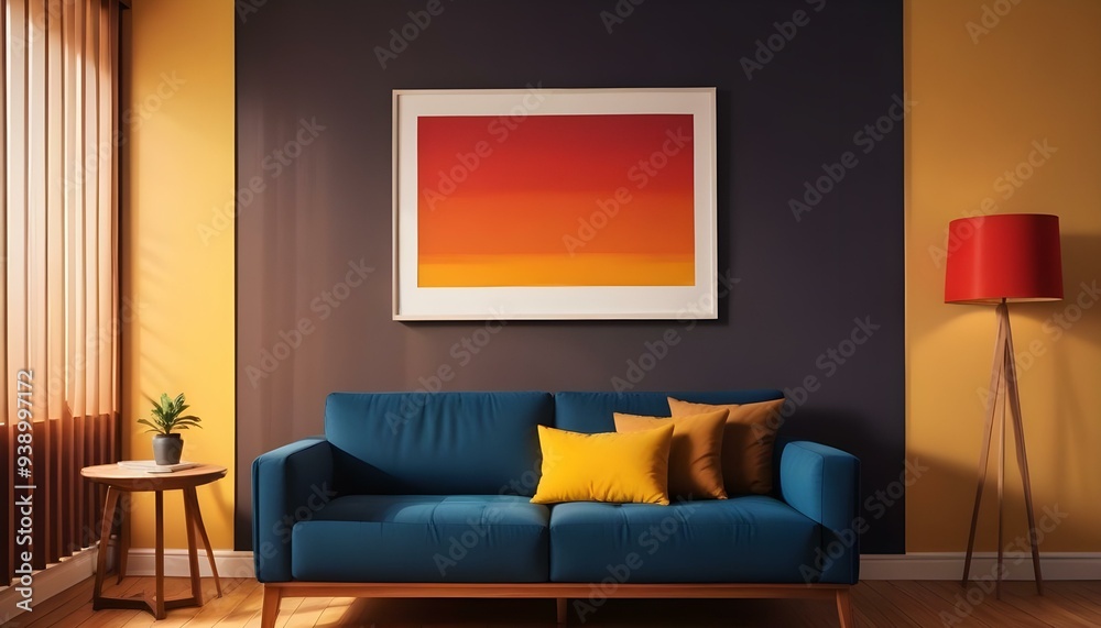 Interior mockup In a white room a blue sofa is placed next to a photo frame on the wall Interior mockup In a white room a blue sofa is placed next to a photo frame on the wall