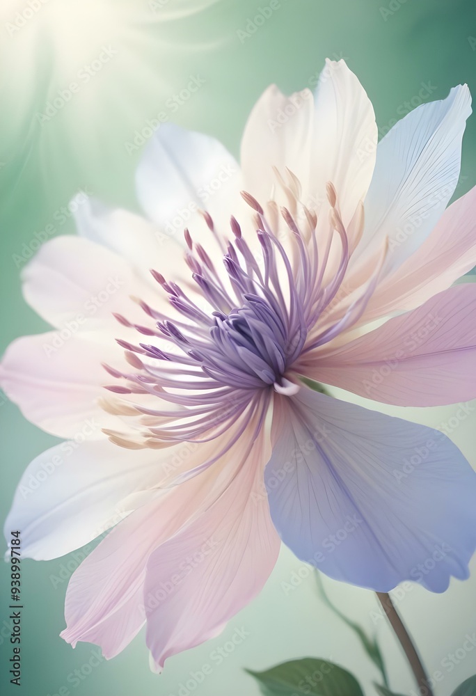 Fototapeta premium Abstract image of a flower in soft pastel colors, flowing, translucent petals with a blend of light pink, blue, and lavender hues, white background, centered composition