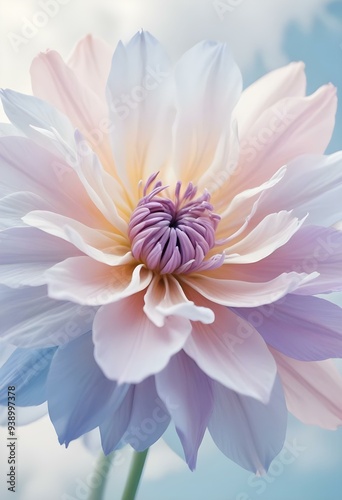 Abstract image of a flower in soft pastel colors, flowing, translucent petals with a blend of light pink, blue, and lavender hues, white background, centered composition