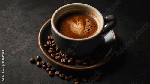 A cup of steaming aromatic hot coffee with coffee beans on the table on a black background