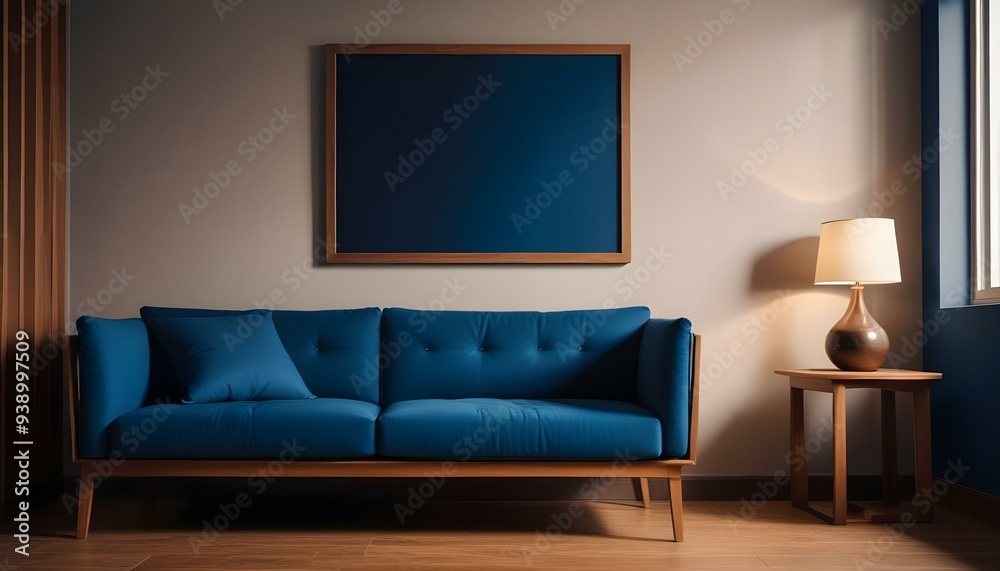 Interior mockup In a white room a blue sofa is placed next to a photo frame on the wall Interior mockup In a white room a blue sofa is placed next to a photo frame on the wall