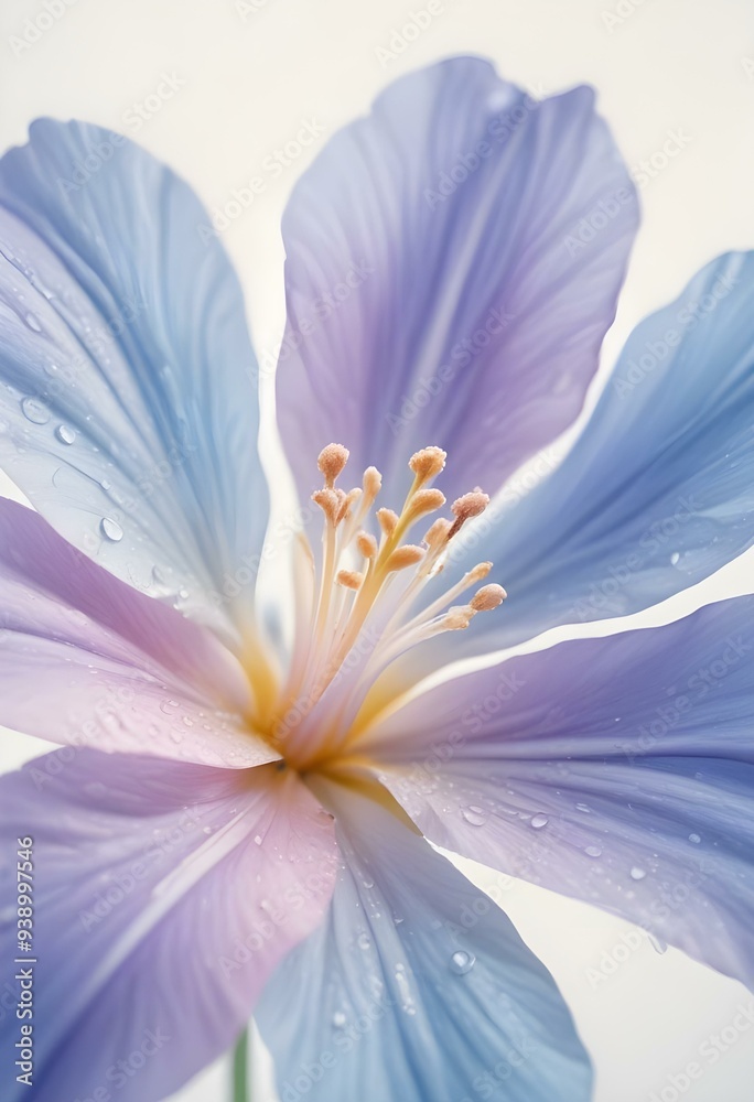 Abstract image of a flower in soft pastel colors, flowing, translucent petals with a blend of light pink, blue, and lavender hues, white background, centered composition Abstract image of a flower in soft pastel colors, flowing, translucent petals with a blend of light pink, blue, and lavender hues, white background, centered composition