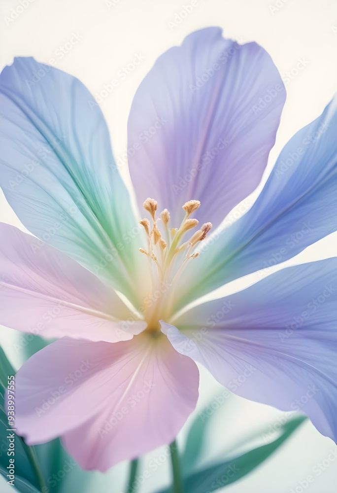 Abstract image of a flower in soft pastel colors, flowing, translucent petals with a blend of light pink, blue, and lavender hues, white background, centered composition Abstract image of a flower in soft pastel colors, flowing, translucent petals with a blend of light pink, blue, and lavender hues, white background, centered composition