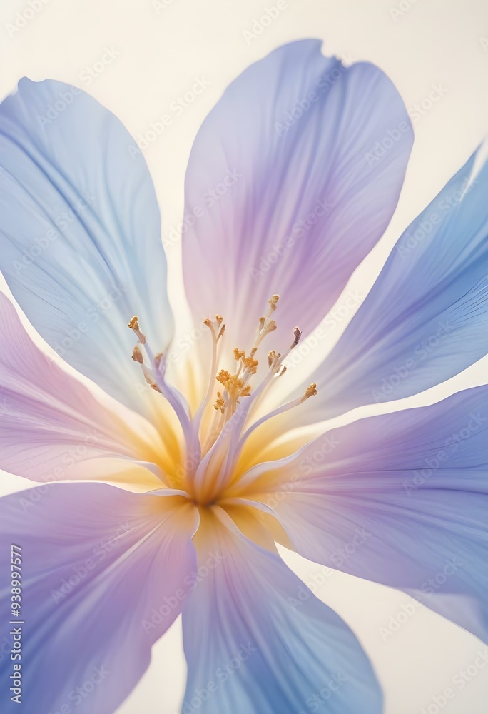 Abstract image of a flower in soft pastel colors, flowing, translucent petals with a blend of light pink, blue, and lavender hues, white background, centered composition Abstract image of a flower in soft pastel colors, flowing, translucent petals with a blend of light pink, blue, and lavender hues, white background, centered composition
