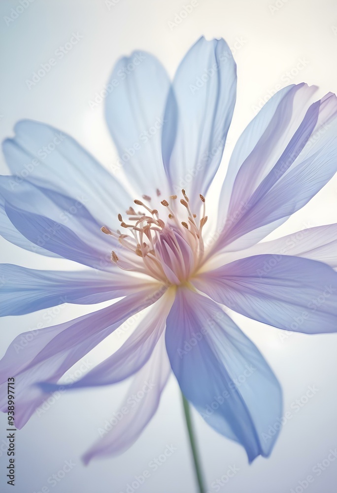 Abstract image of a flower in soft pastel colors, flowing, translucent petals with a blend of light pink, blue, and lavender hues, white background, centered composition Abstract image of a flower in soft pastel colors, flowing, translucent petals with a blend of light pink, blue, and lavender hues, white background, centered composition