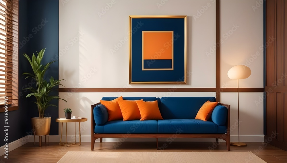 Interior mockup In a white room a blue sofa is placed next to a photo frame on the wall Interior mockup In a white room a blue sofa is placed next to a photo frame on the wall
