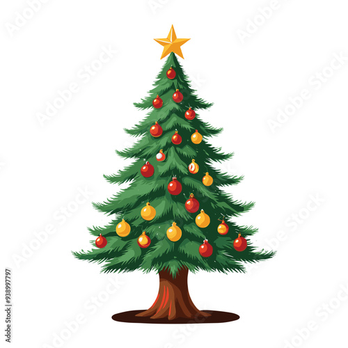 Cheerful Christmas Tree with Golden Star and Colorful Ornaments