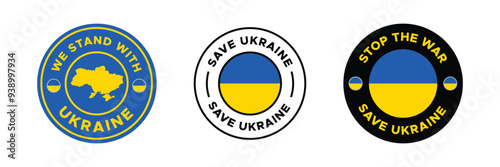 Collection of Logos for Save Ukraine emblem vector, we stand with Ukraine logo illustration for banner, t-shirt, poster, sticker, badges, social media design