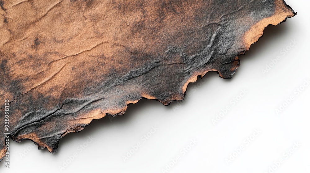 Fototapeta premium A closeup view reveals a burnt piece of paper with distinct charred edges. The stark contrast against the clean white background highlights the damage from fire