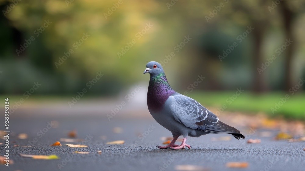 A curious urban pigeon stands on a park pavement, its head slightly tilted as it explores the vibrant surroundings amidst scattered leaves A curious urban pigeon stands on a park pavement, its head slightly tilted as it explores the vibrant surroundings amidst scattered leaves