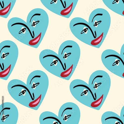 Valentines Day pattern with ugly funky hearts. Groovy cute love characters. Vector illustration in doodle style