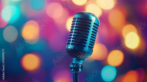 The spotlight centers on a vintage microphone, accentuated by a vibrant bokeh background that enhances the festive ambiance of the performance setting