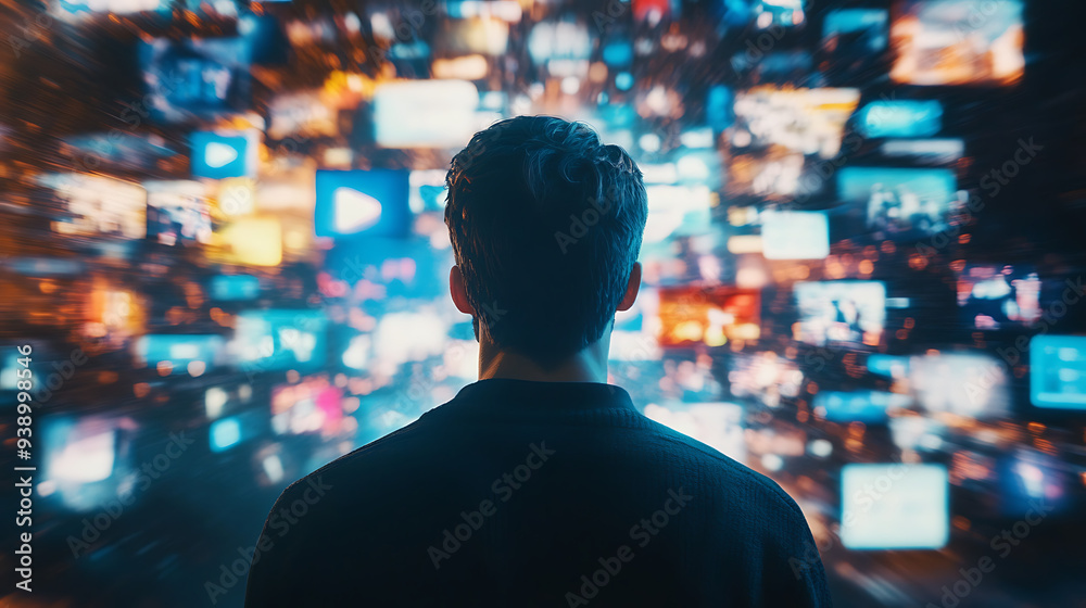 A Caucasian man viewed from behind is observing a dynamic flow of content. This represents the experience of navigating through the metaverse, filled with videos, social media profiles featuring influ