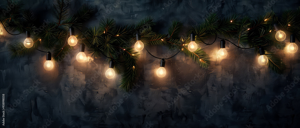 Сhristmas and New Year layout. Fir branches, glowing lamp bulb, golden decoration, lights, garland on dark textured, grunge background. Flat lay. Winter holidays celebration. Copy space. Generative ai Сhristmas and New Year layout. Fir branches, glowing lamp bulb, golden decoration, lights, garland on dark textured, grunge background. Flat lay. Winter holidays celebration. Copy space. Generative ai