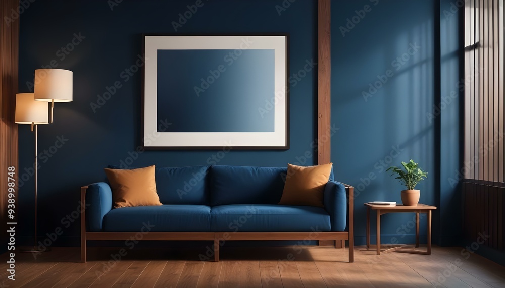 Interior mockup In a white room a blue sofa is placed next to a photo frame on the wall Interior mockup In a white room a blue sofa is placed next to a photo frame on the wall