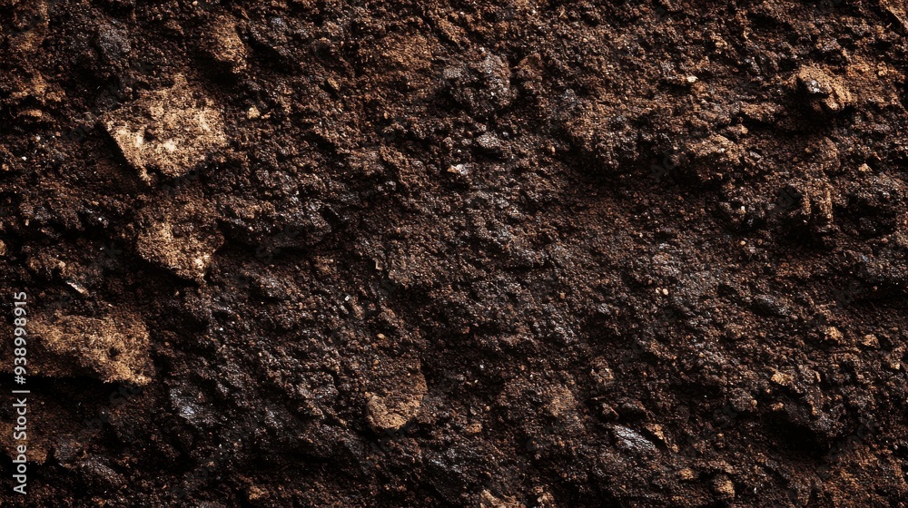 The closeup reveals a section of dark brown soil with a texture reminiscent of chocolate, showcasing its rich, earthy composition and layered formations The closeup reveals a section of dark brown soil with a texture reminiscent of chocolate, showcasing its rich, earthy composition and layered formations