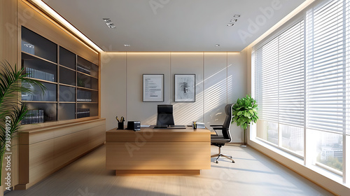 A contemporary, white business office with a wooden desk, a calculator, a desktop computer, and a black leather chair. The executive office is equipped with exclusive furniture for the chief of staff. photo