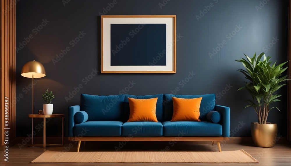 Interior mockup In a white room a blue sofa is placed next to a photo frame on the wall Interior mockup In a white room a blue sofa is placed next to a photo frame on the wall