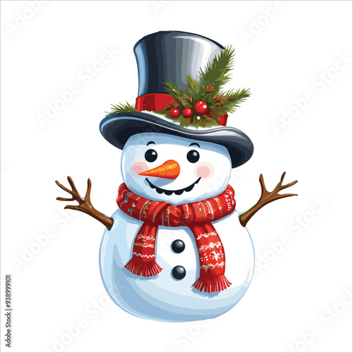Cheerful Snowman with Top Hat and Scarf