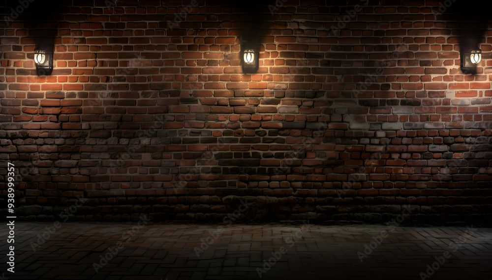 Brick Wall Texture Background in a Dimly Lit Street at Night with Subtle Overhead Light Brick Wall Texture Background in a Dimly Lit Street at Night with Subtle Overhead Light
