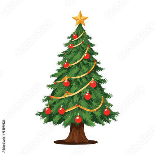 Classic Christmas Tree with Golden Star and Red Ornaments