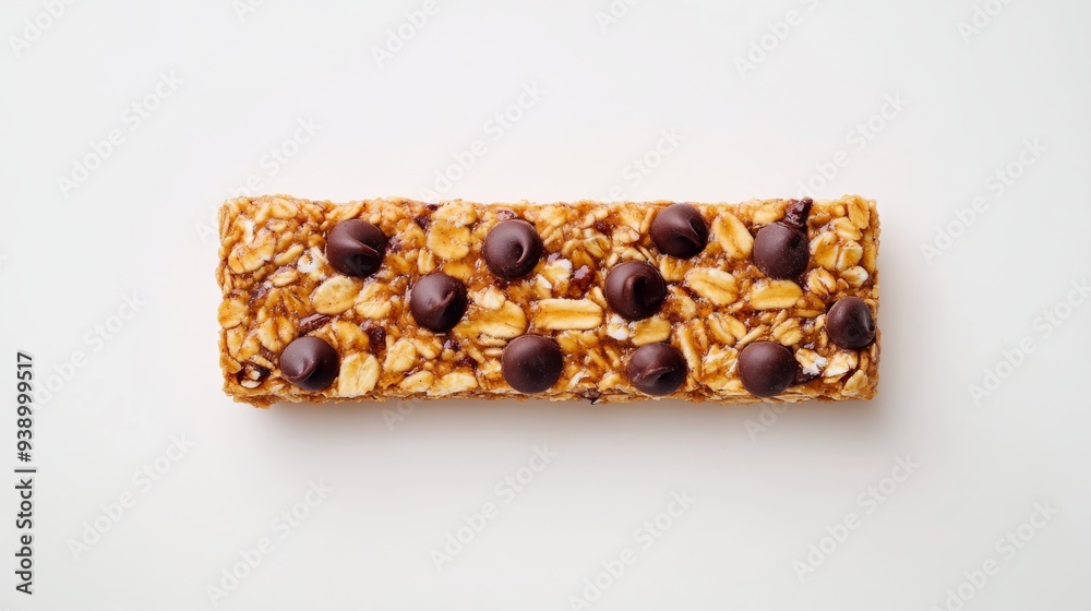 A single chocolate chip peanut butter granola bar is centered on a pristine white background, showcasing its texture and ingredients for a delicious snack option A single chocolate chip peanut butter granola bar is centered on a pristine white background, showcasing its texture and ingredients for a delicious snack option