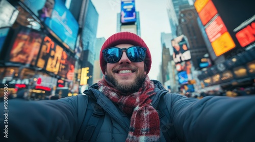 Tourist selfie in Times Square, New York - An exciting selfie of a tourist enjoying the hustle and bustle of Times Square, New York