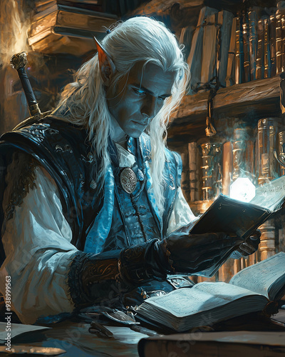 noble elf historian studying ancient texts in a sunlit library, deeply focused on unraveling forgotten histories and magical lore