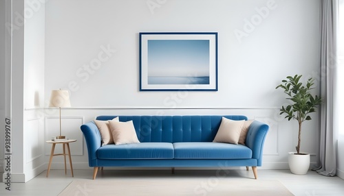 Interior mockup In a white room a blue sofa is placed next to a photo frame on the wall