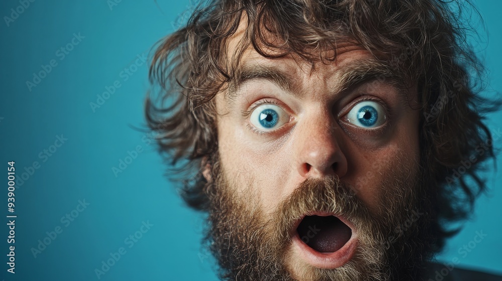 The bearded man with untamed hair exhibits a shocked expression, staring wide-eyed at the camera against a vibrant blue backdrop, capturing a moment of raw emotion The bearded man with untamed hair exhibits a shocked expression, staring wide-eyed at the camera against a vibrant blue backdrop, capturing a moment of raw emotion