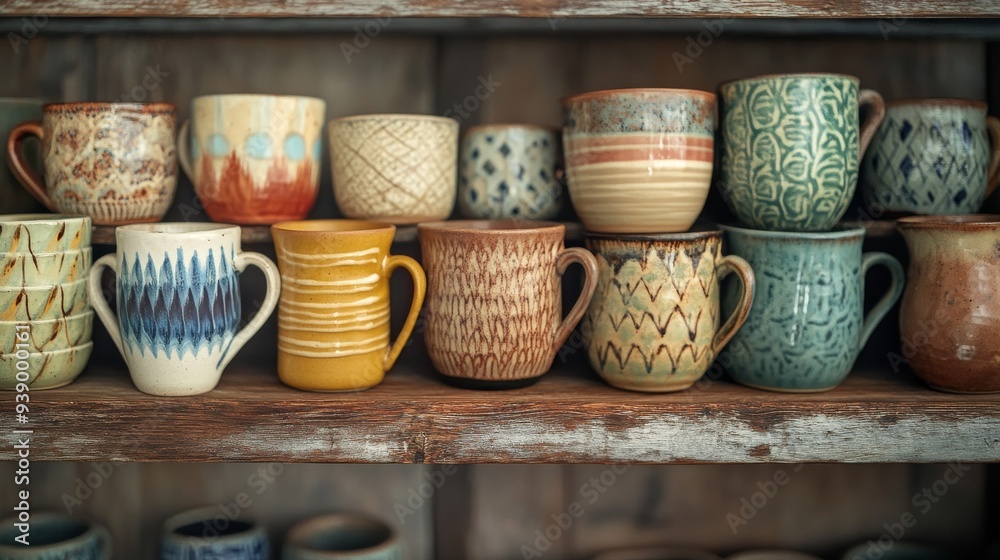 A neat arrangement of handpainted artisanal pottery mugs is displayed on a weathered wooden shelf in a cozy workshop, showcasing unique designs and colors A neat arrangement of handpainted artisanal pottery mugs is displayed on a weathered wooden shelf in a cozy workshop, showcasing unique designs and colors