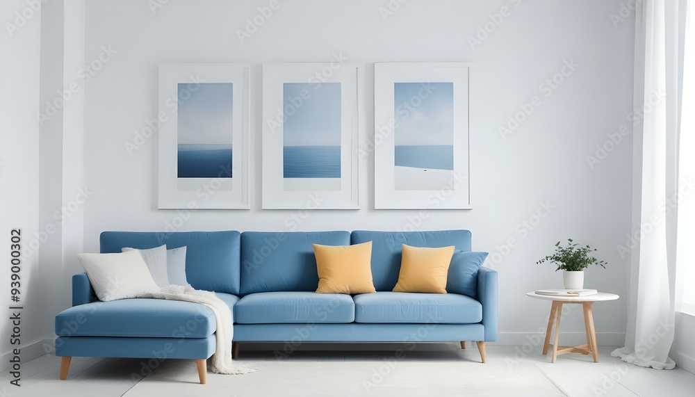 Interior mockup In a white room a blue sofa is placed next to a photo frame on the wall Interior mockup In a white room a blue sofa is placed next to a photo frame on the wall