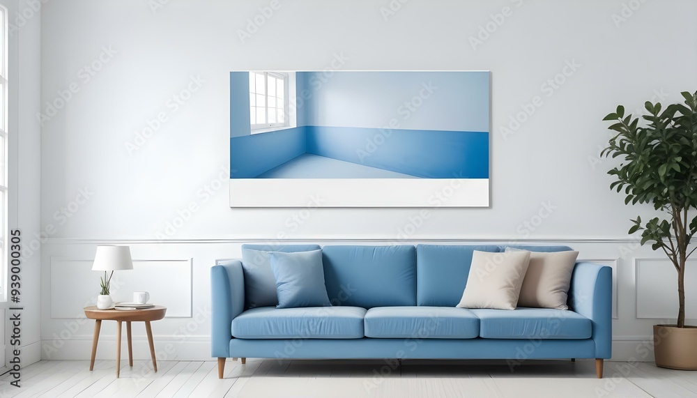 Interior mockup In a white room a blue sofa is placed next to a photo frame on the wall Interior mockup In a white room a blue sofa is placed next to a photo frame on the wall