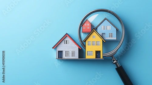 Online home search, property valuation, buying and selling homes, and real estate investment concepts. Icons representing home and valuable research inside a magnifying glass, featuring three types of