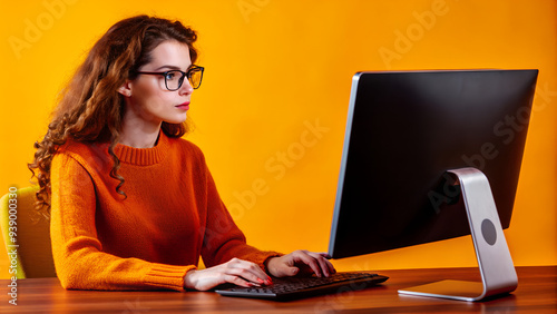 A beautiful young woman is focused on working on a laptop, a freelance girl or a student at a computer