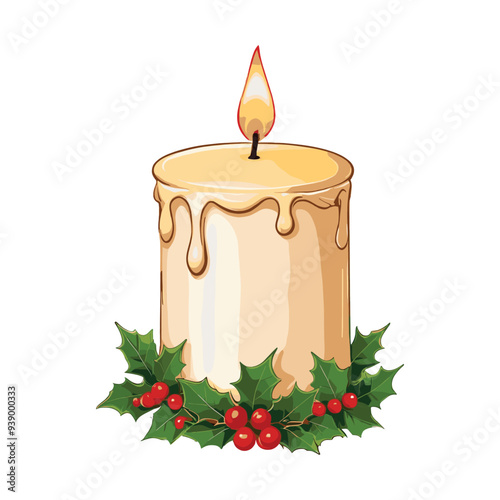 Dripping Cream Candle Surrounded by Holly and Red Berries
